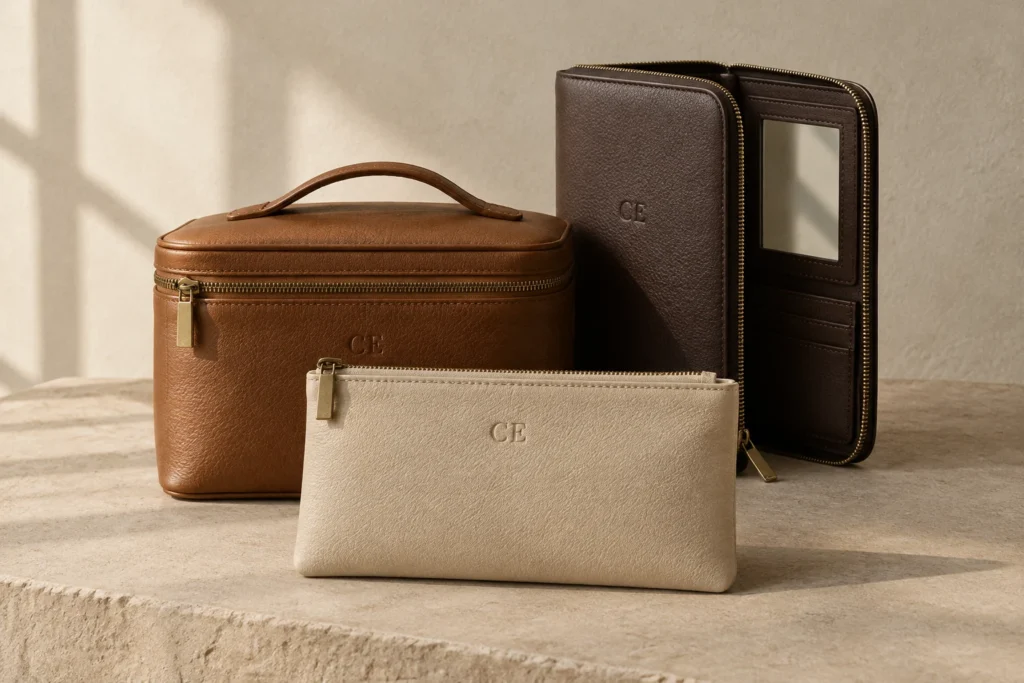 Three CE cosmetic bags: a cognac vanity case with handle, a cream flat pouch and an espresso organiser case open to show its mirror panel